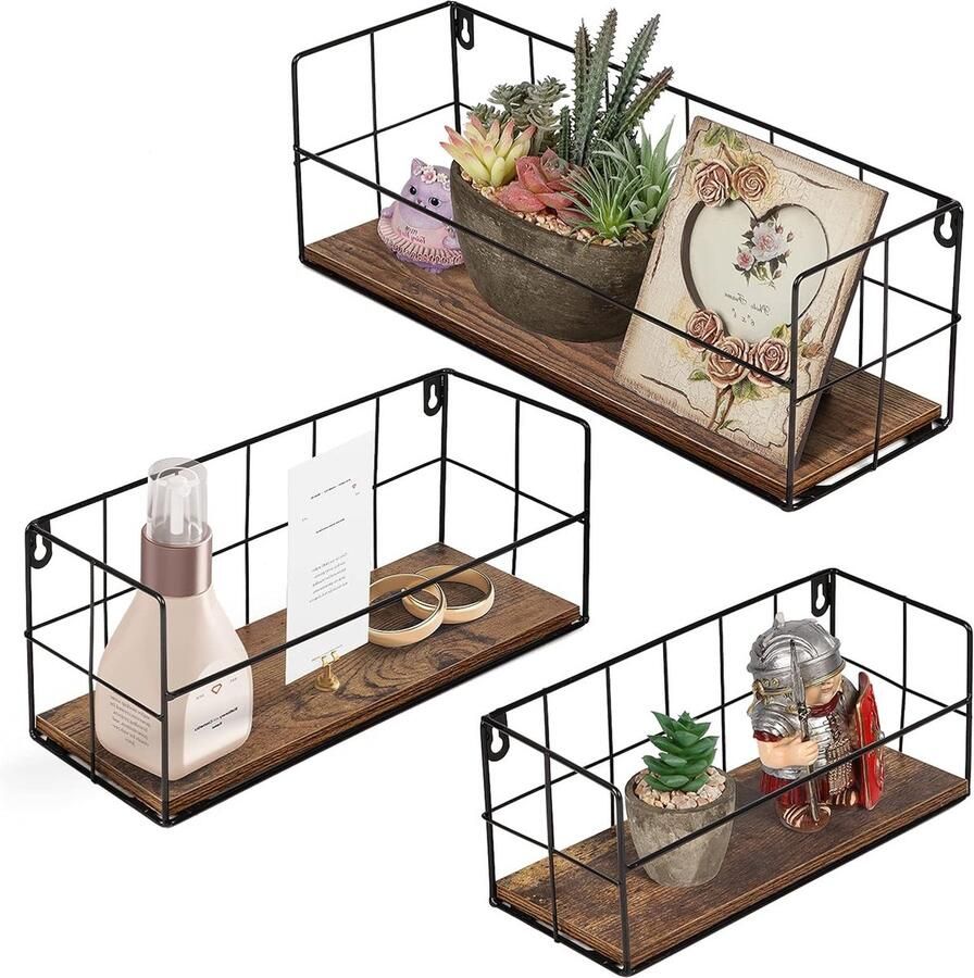 Rustiek zwevend wandrek wandmontage multifunctioneel 3 stuks zwart metaal