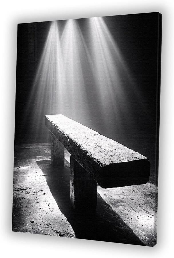 Rustieke bank onder lichtstralen Bank canvas kunst Schilderij op canvas meubilair Minimalisme Wanddecoratie modern Kunst op canvas 75x100 cm