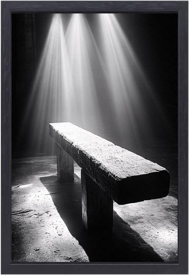 Rustieke bank onder lichtstralen Bank canvaskunst Wandkunst meubilair Minimalisme Canvas kunst met baklijst Wandaccessoires canvas met baklijst 40x60 cm
