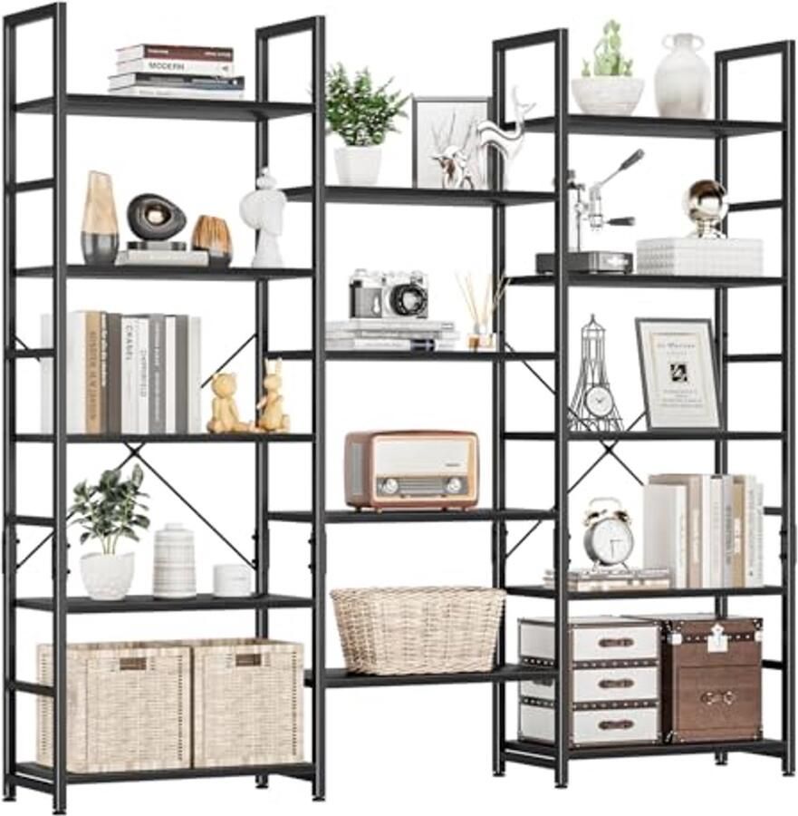 Rustieke Boekenkast met 3 Niveaus en 14 Open Planken in Industriële Stijl