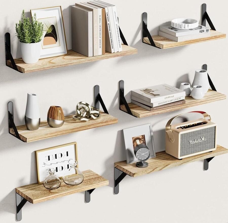 Rustieke boerderij wandplank set van 6 Zwevende houten planken voor wanddecoratie in slaapkamer en badkamer Wandplank opslag voor boeken in woonkamer