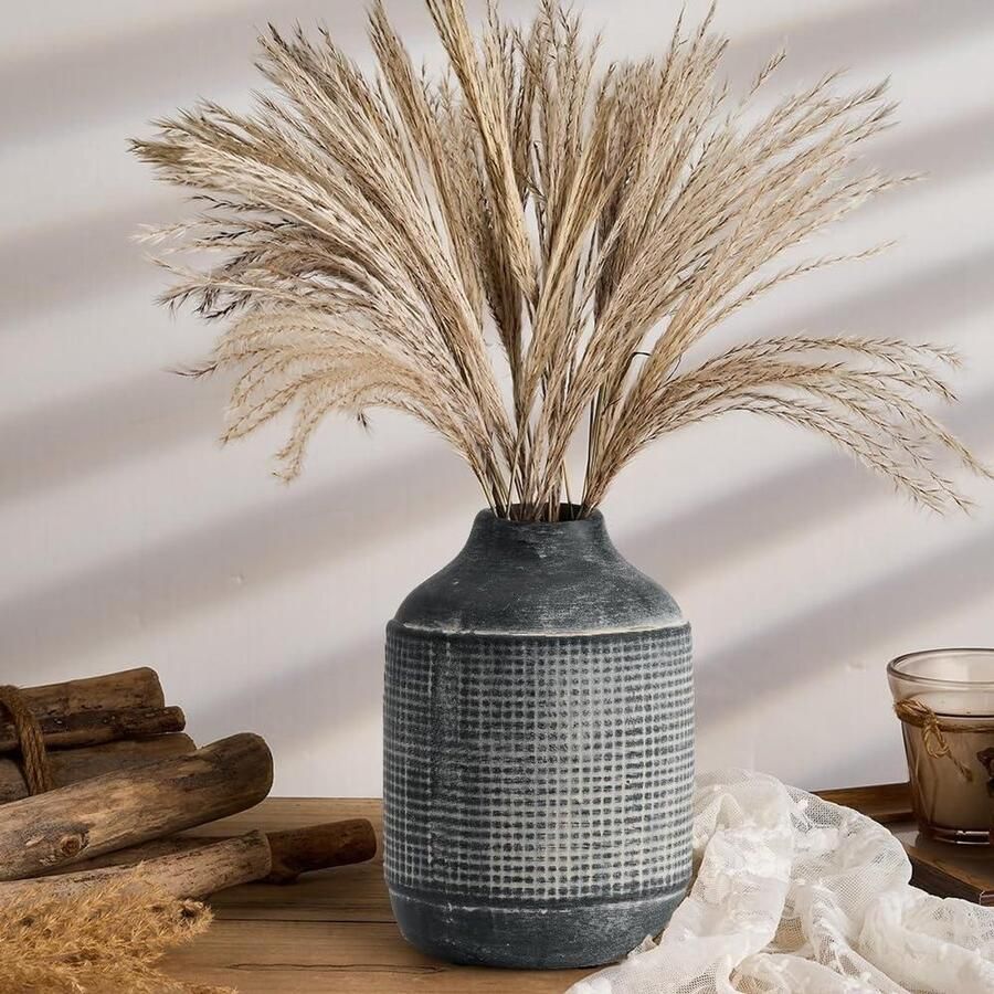 Rustieke boerderijvaas van keramiek Hoge bloemenvaas van 179 cm voor woondecoratie Zwarte getextureerde boho-vaas voor tafel woonkamer badkamerdecoratie plankdecoratie mantelzwart