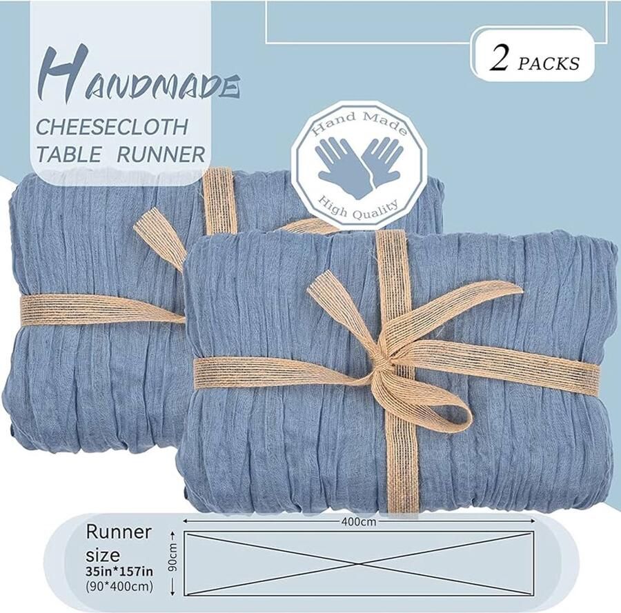 Rustieke boho kaasdoek tafelloper 2 stuks stoffig blauw 90 x 400 cm