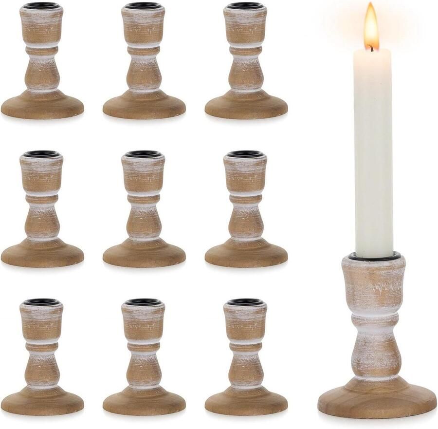 Rustieke Bruine Houten Kandelaars Set van 10 Stuks voor Taps Toelopende Kaarsen Vintage Kleine Boerderij Taper Kandelaar Kerst Bruiloft Feest Thuis Tafel Decor