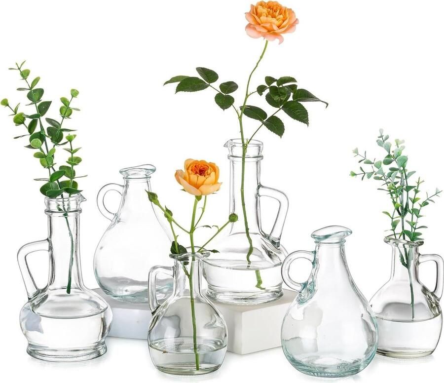 Rustieke Bud Vazen Set Van 6 Unieke Jug Vaas Ontwerp Vintage Kleine Glazen Vaas Voor Bloemen Bruiloft Eettafel Centrepiece Enkele Roos Vaas Handgemaakte Vazen Voor Decor