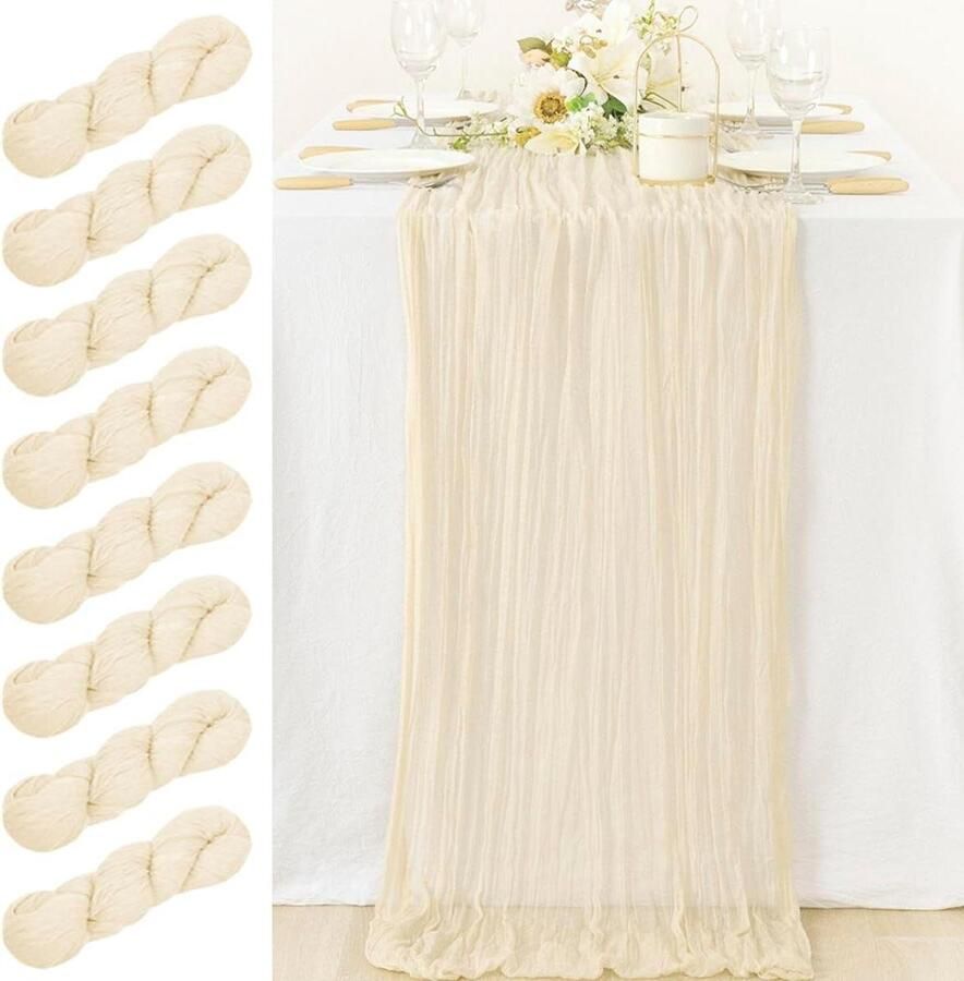 Rustieke doorzichtige tafelloper 8 stuks 90 x 300 cm boho-gaas bruiloft decoratie beige