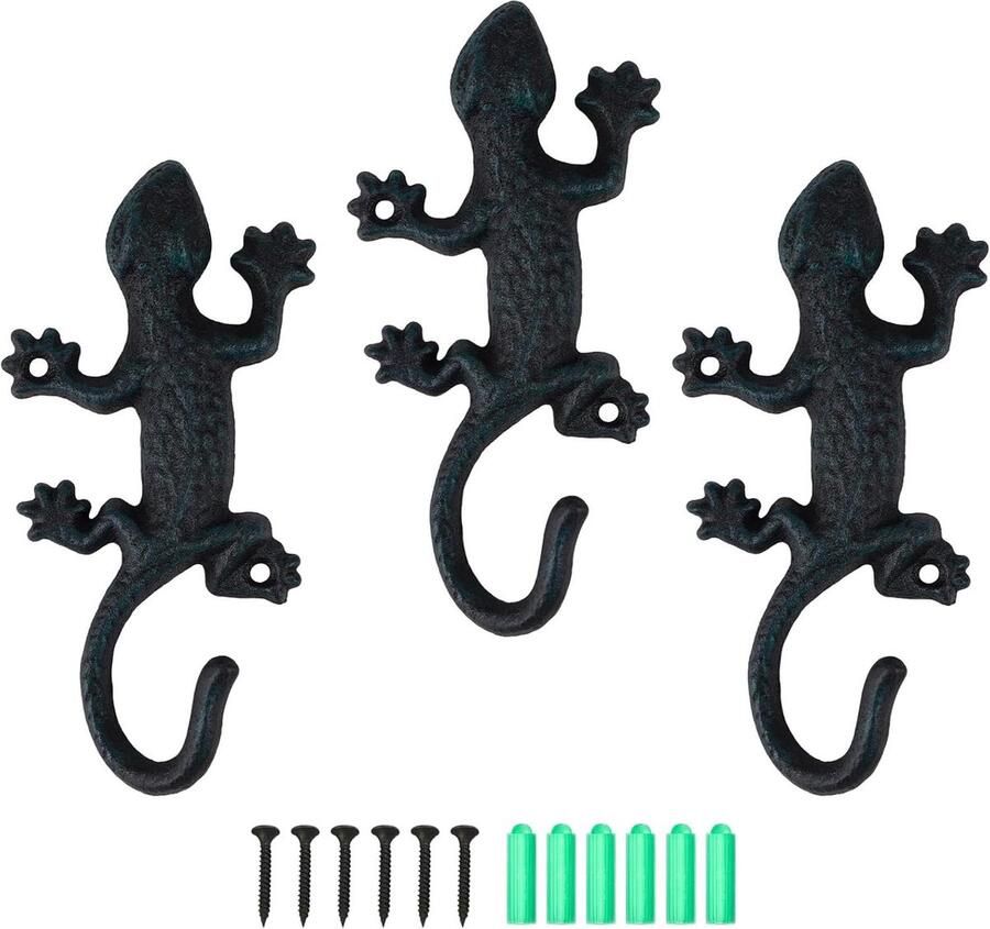 Rustieke gietijzeren wandhaken voor kleding sleutels hoeden en tassen set van 3 met schroeven zwart-groen