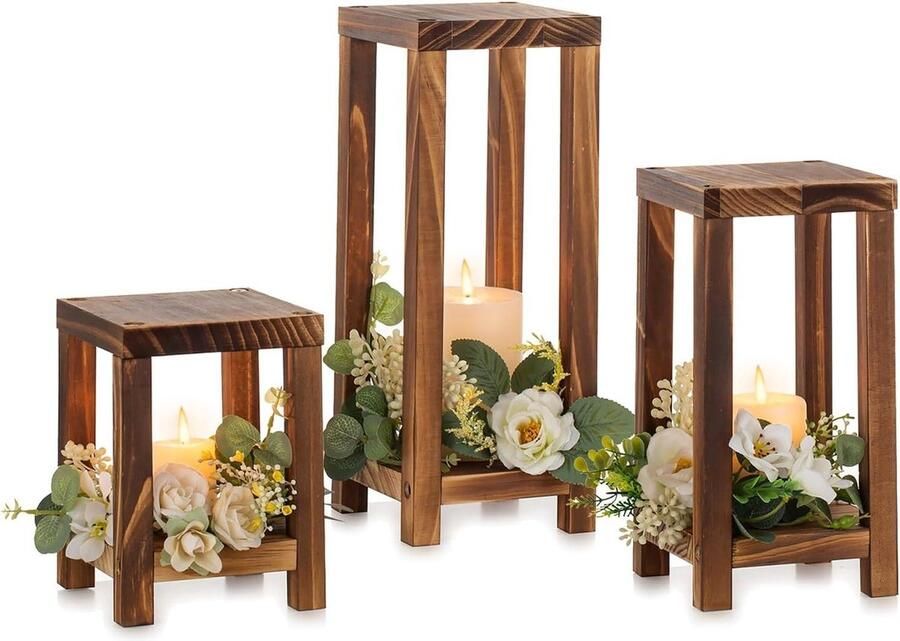Rustieke Houten Kaarslantaarns Decoratieve Houten Kaarshouders Set van 3 Boerderij Haard Decor Kerst 32.5cm & 25.7cm & 17.7cm