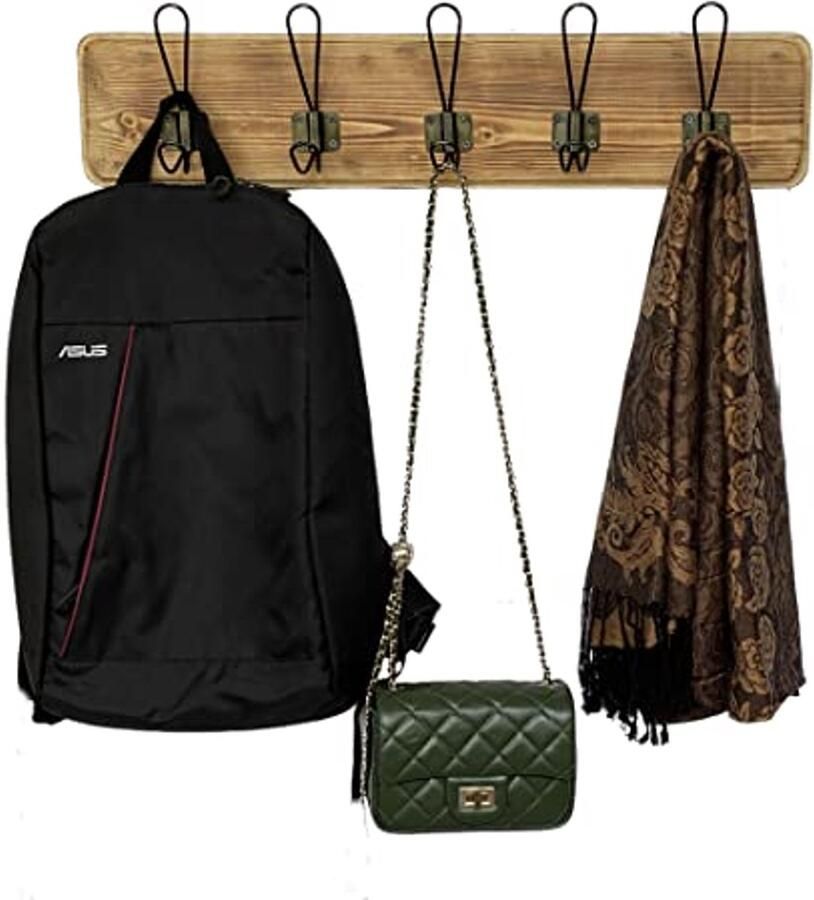 Rustieke Houten Kapstok met 5 Haken Wandmontage voor Jassen en Handdoeken