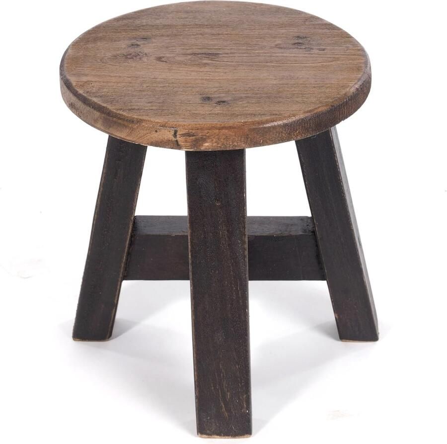 Rustieke houten KRUK Bern 23x20x20 cm (HxBxD) gerecycled hout massief decoratieve bijzettafel plantenkruk krukje 04 zwart natuur