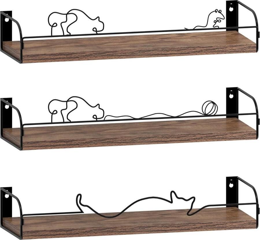 Zwevende wandplanken met kattenvormige leuning Rustieke houten plank muur Set van 3 voor slaapkamer keuken woonkamer
