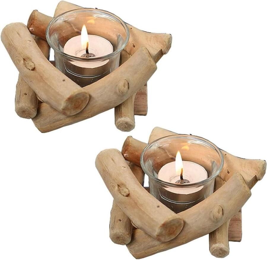 Rustieke Houten Theelichthouder Set van 2 met Glazen Cup Driftwood Votive Theelichthouder voor Boerderij Bruiloft Centrepieces Woonkamer Salontafel Woondecoraties