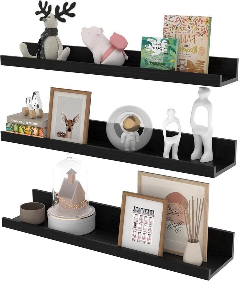 Rustieke houten wandplank set hangende plank 3 stuks zwart 61 cm