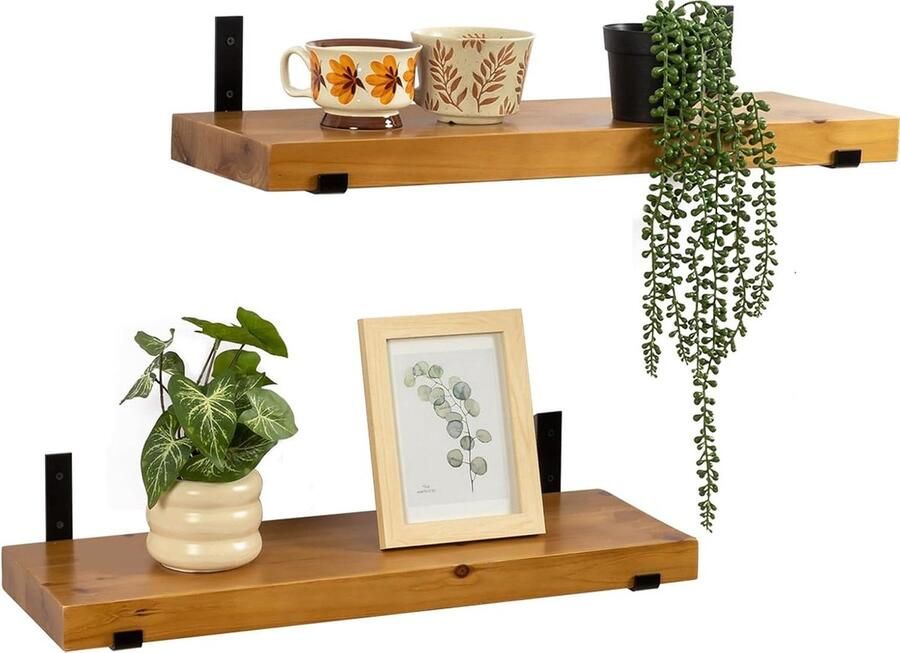 Rustieke houten wandplanken set van 2 massief houten boekenplanken wandgemonteerde rekken zittende zwarte L-beugels slaapkamer badkamer