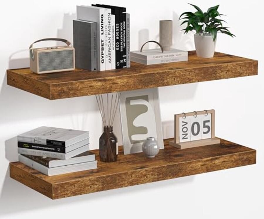 Rustieke Houten Wandplanken Set van 2 Muur-Gemonteerde Opslagplanken met Verborgen Beugels Diepere en Dikkere Planken voor Woonkamer Slaapkamer Keuken Boerderij 24 L x 9 D