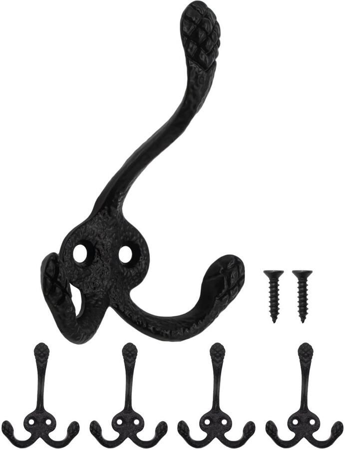 Rustieke ijzeren haken kapstokhaken set van 5 zwart gietijzeren ontwerp