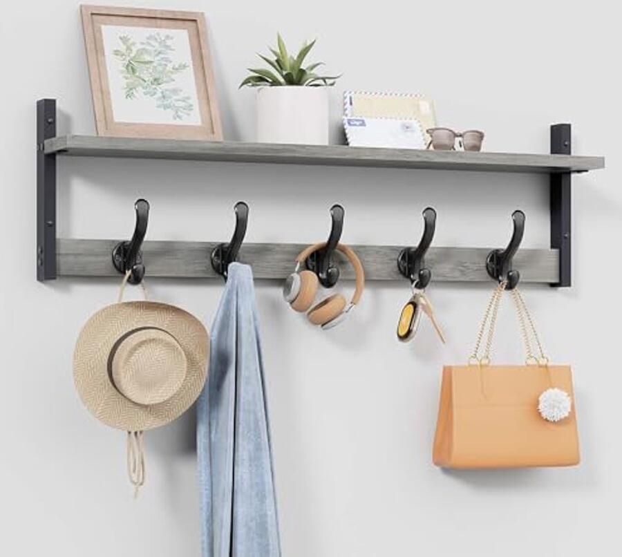 Rustieke kapstok met plank en zware wandhaken voor woon- en slaapkamer