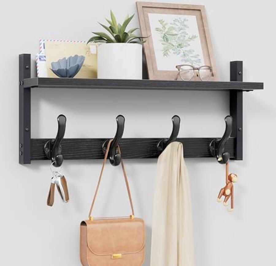 Rustieke Kapstok met Plank Muurhaken voor Jas Hoed en Tas Zwart