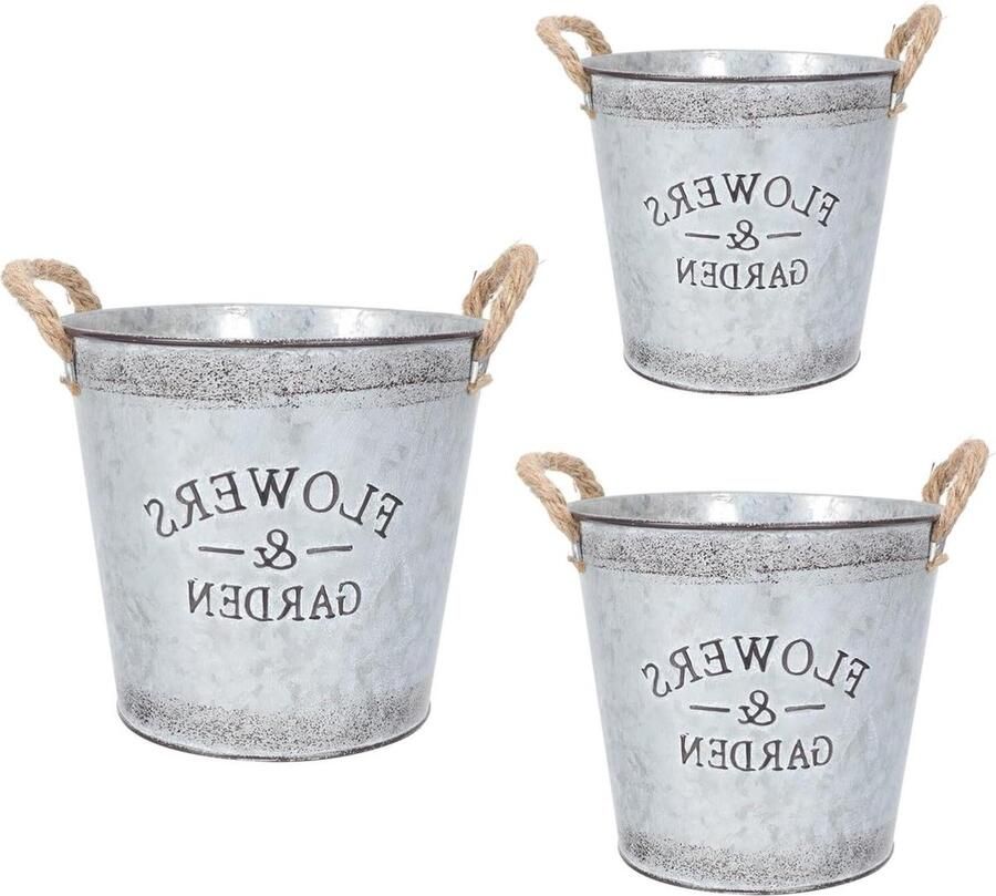 Rustieke metalen bloemenvaas Vintage plantenpot met handvat Shabby chic decoratie voor tuin en woonkamer Set van 3