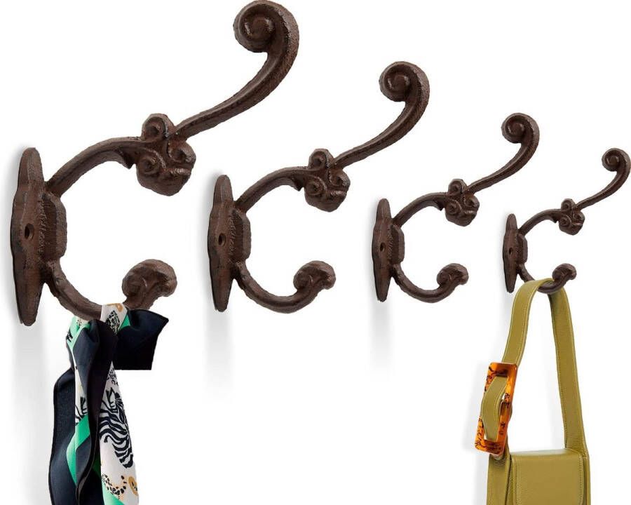 Rustieke muurhaken Set van 4 muurhaken voor jassen tassen handdoeken en meer Vintage haken voor decoratie in landhuisdesign zware gietijzeren haken roestbruin
