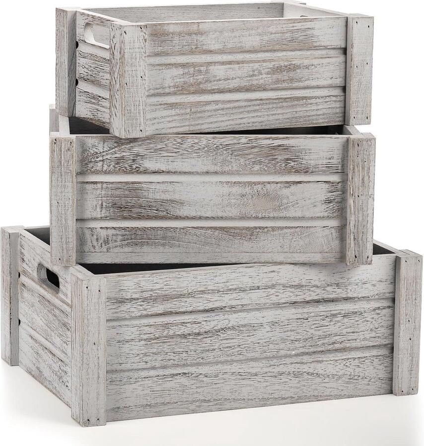 Rustieke nestkast opbergdozen met handgrepen set van 3 decoratieve houten mandbakken voor thuis en boerderij 3 maten