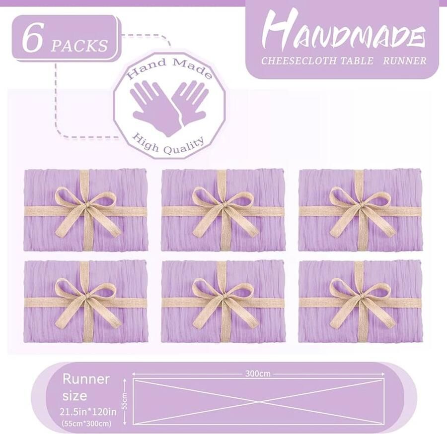 Rustieke paars kaasdoek tafelloper set van 6 55 x 300 cm polyester