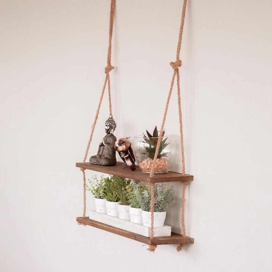 Rustieke rechthoekige 2-laags houten touwplanken vintage stijl wandgemonteerde zwevende planken decoratieve opbergplanken voor kinderkamer keuken badkamer slaapkamer planken voor opslag en organisatie