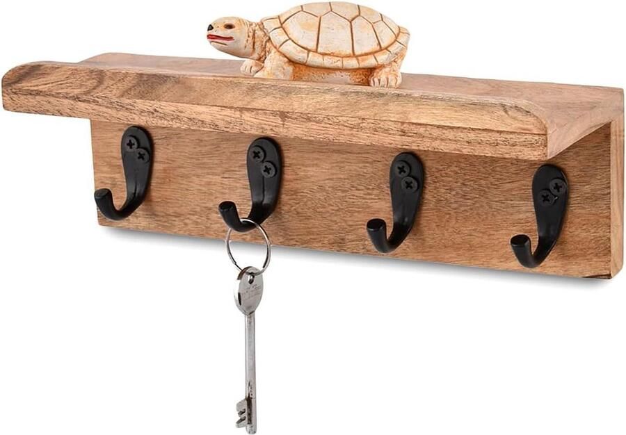 Rustieke Sleutelhouder Muur Boerderij Wandplank Acacia Hout 4 Haken Entryway Keuken Groot Formaat