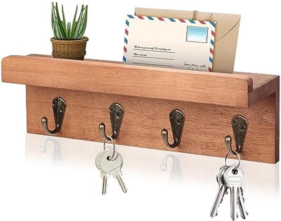 Rustieke Sleutelhouder Muur Boerderij Wandplank met 4 Haken en Houten Brievenorganizer
