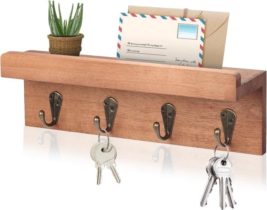 Rustieke Sleutelhouder Muur Boerderij Wandplank met 4 Haken en Houten Brievenorganizer