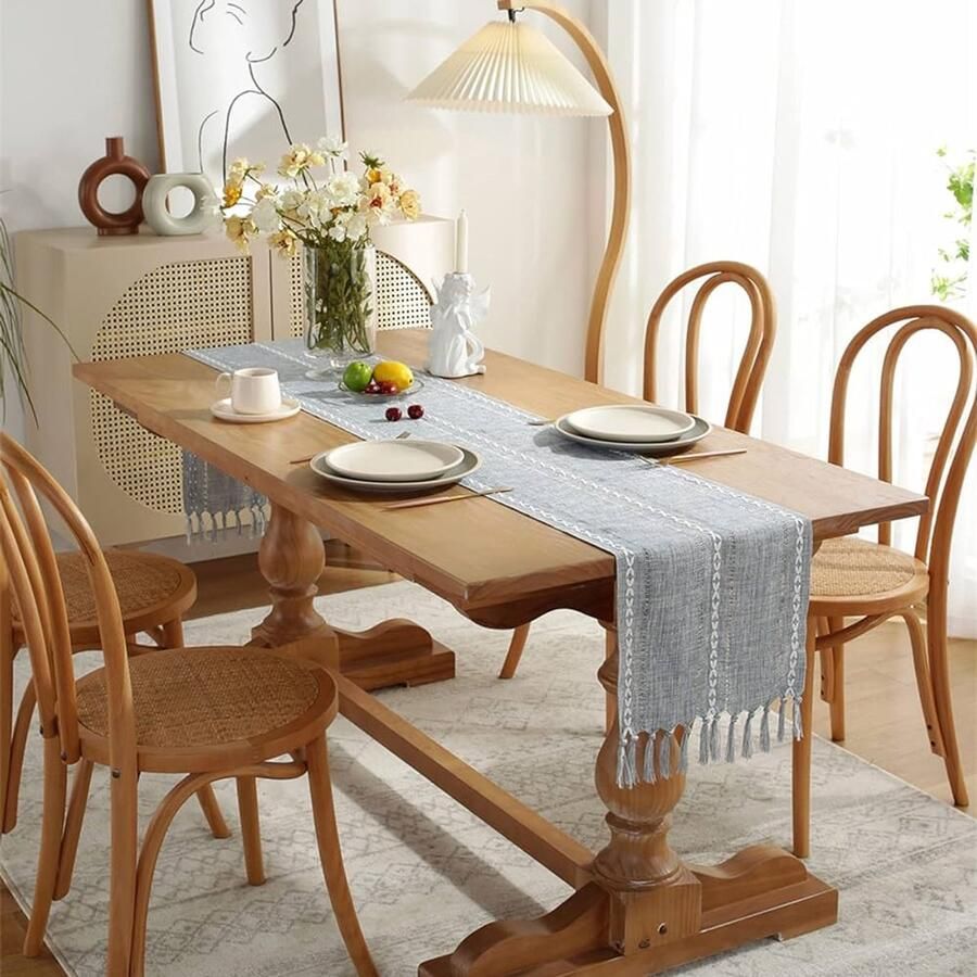 Rustieke Tassels Tafelloper Handgemaakt Dusty Blauw 32 x 220 cm