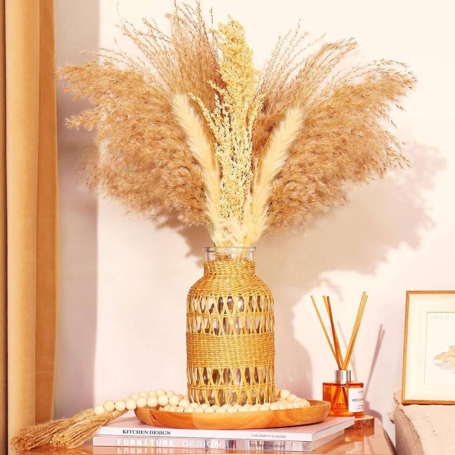 Rustieke vazen boho-decoratie handgemaakte geweven vaas glas voor tafeldecoratie bloemenvaas pampasgras in landelijke stijl voor boekenkast woonkamer en als cadeau