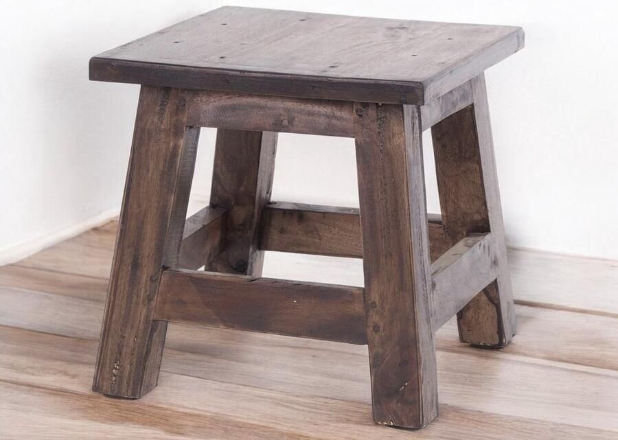 Rustieke Vintage 27 5x26x26 cm (HxBxD) mahoniehouten gerecycled hout houten krukje bijzetkrukje plantenkrukje 03 donkerbruin