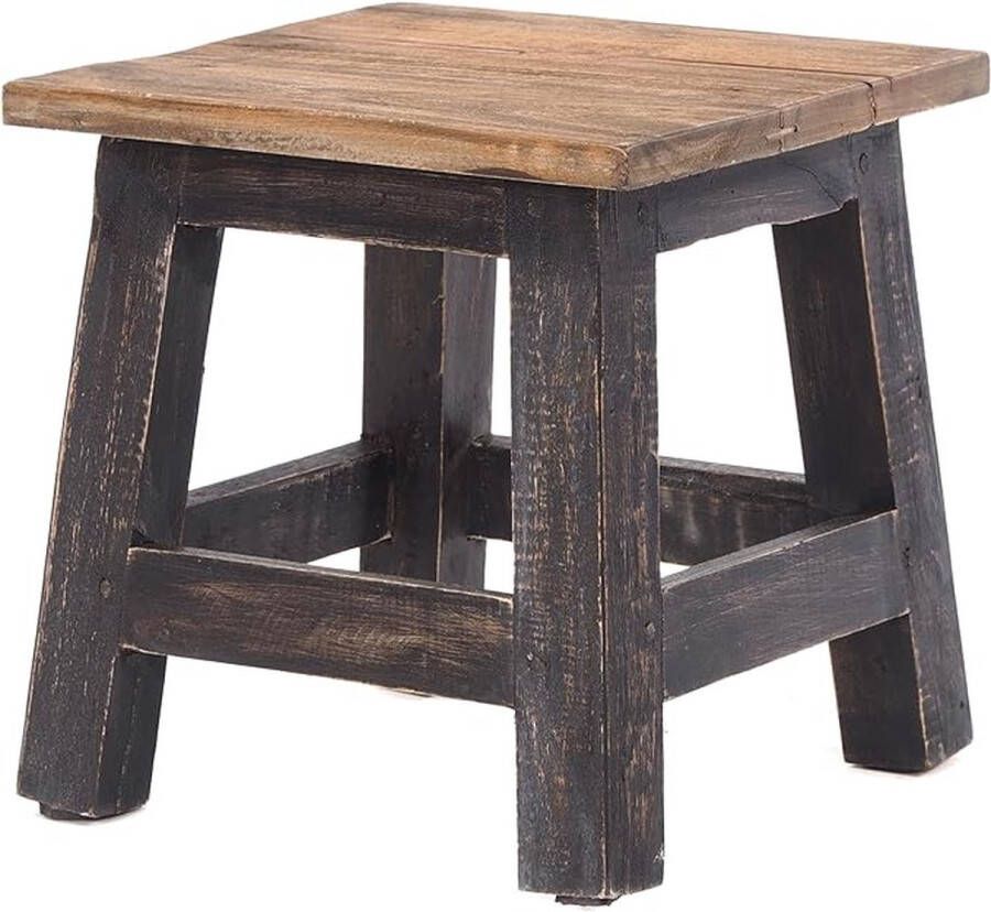 Rustieke Vintage VOETENBANK Palo 27 5x26x26 cm (HxBxD) mahoniehouten gerecycled hout houten krukje bijzetkrukje plantenkrukje 04 zwart-natuur