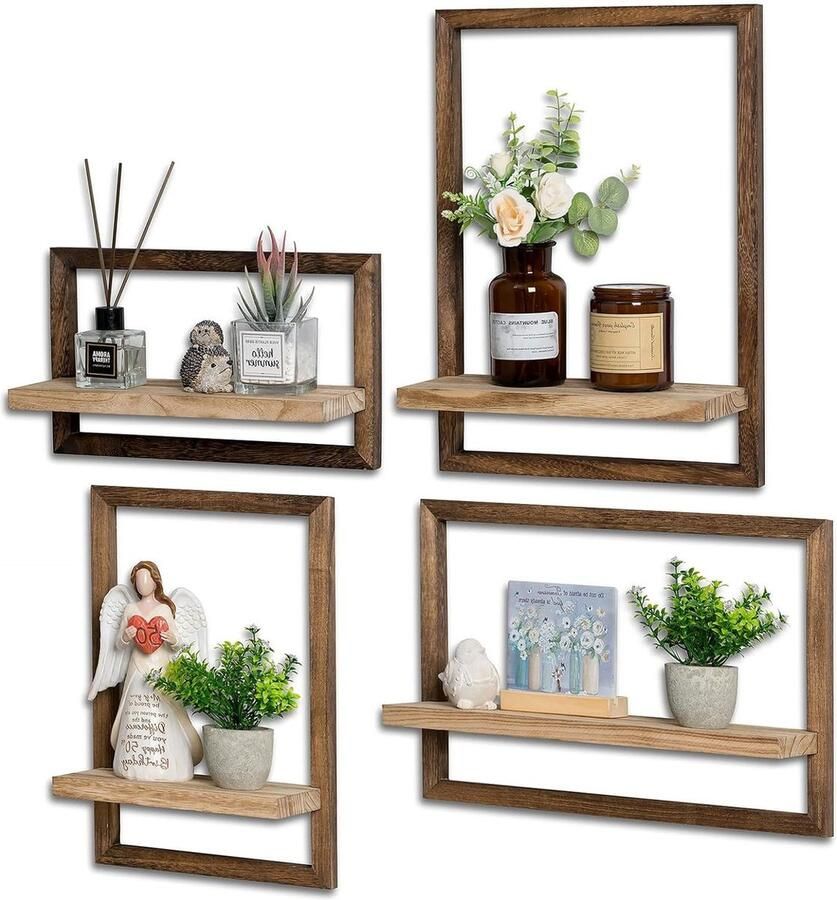 Zwevend houten wandrek rustiek design voor woonkamer set van 4 planken voor planten bruine wanddecoratie. Wandrek