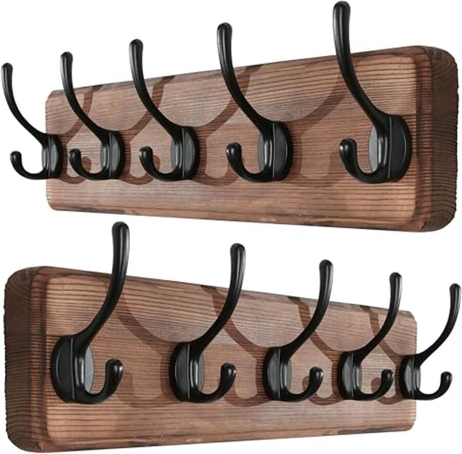 SKOLO bruine houten kapstok (2 stuks) 44 cm lange houten kapstokhaak aan de muur rustieke stijl stabiele kapstokhaak met 5 haken