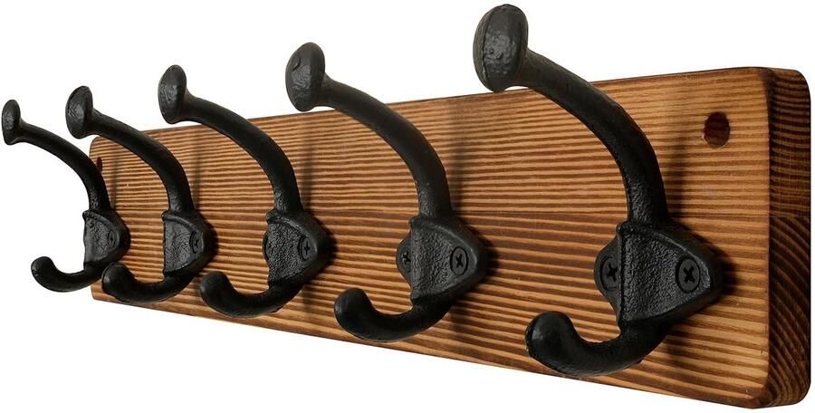 Rustieke Wandkapstok Gietijzeren Haken Massief Hout 5 Stuks 45x11x7 cm