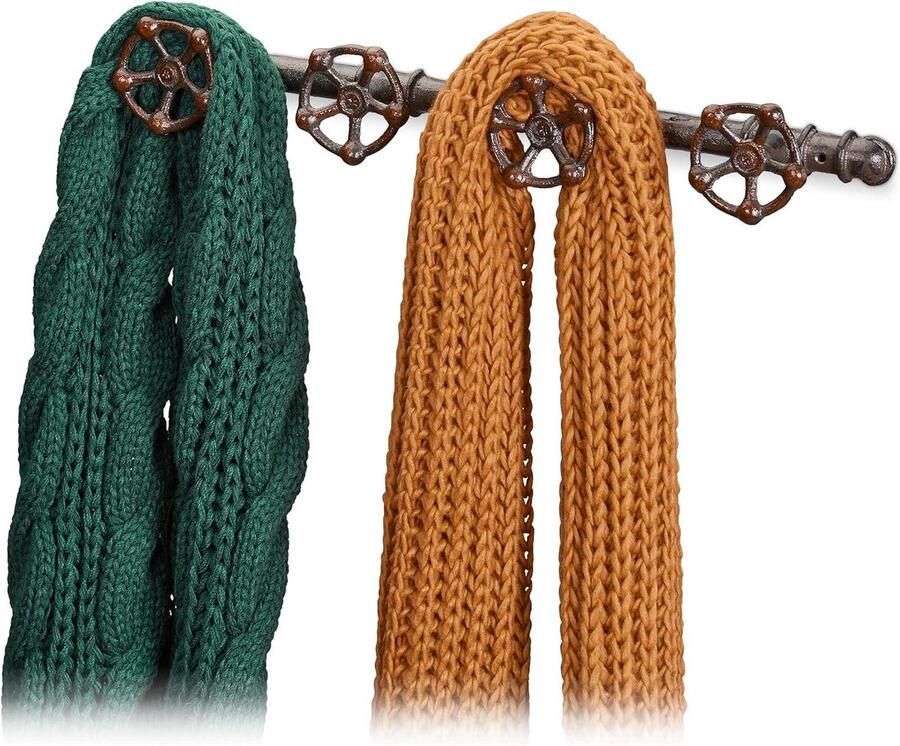 Rustieke wandkapstok met 4 wandhaken van pipeline gietijzer bruin HxBxD: 6.5 x 46.5 x 6 cm