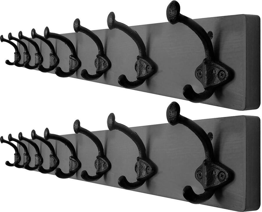 Rustieke wandkapstok met gietijzeren haken 1 stuk massief hout 90 cm