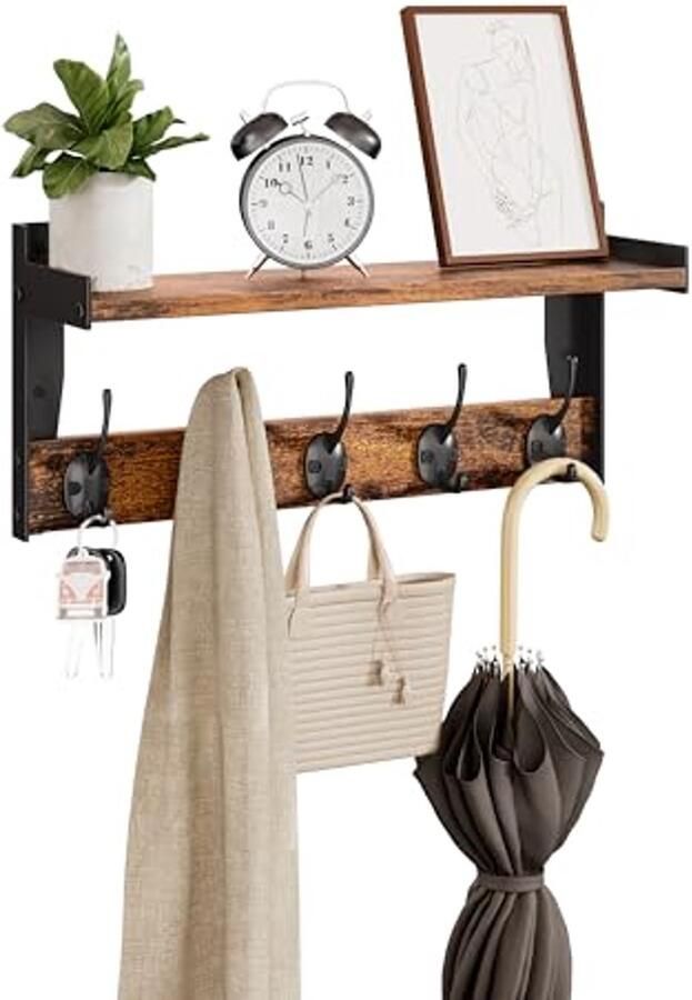 Rustieke wandkapstok met plank en 5 metalen haken