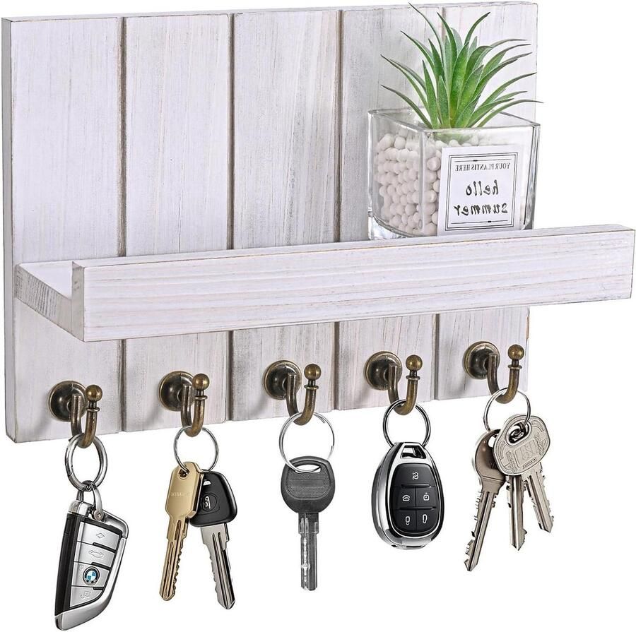 Zeynomax Muur Sleutelhanger Muurdecoratie Kapstok met Plank en 5 Haakjes voor Woonkamer Badkamer Keuken Hal Opbergplek voor Sleutels
