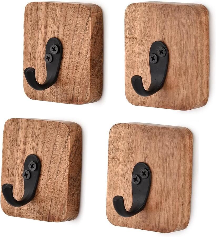 Rustieke Wandkapstok Houten Haken 4 Stuks voor Jassen Tassen en Decoratie