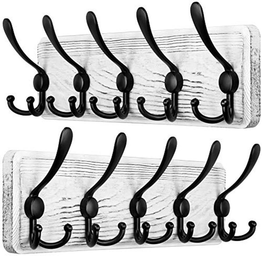 Rustieke Wandkapstok van Eikenhout met 5 Haken – Set van 2 Wandkapstokken