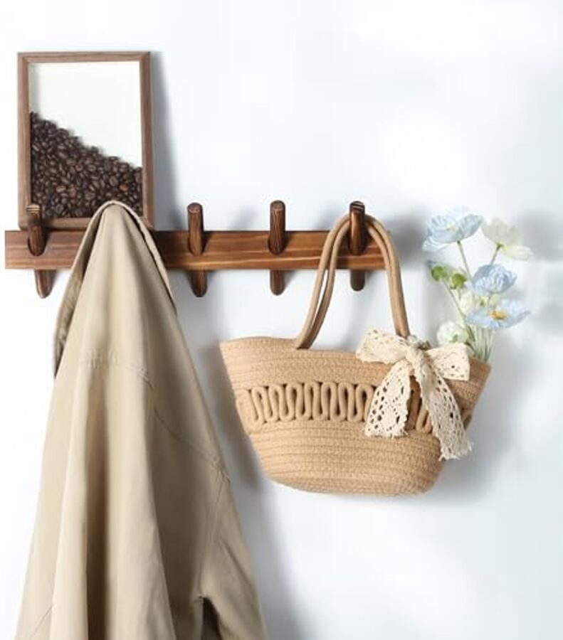 Rustieke wandkapstok van massief hout met 5 haken voor entree en badkamer