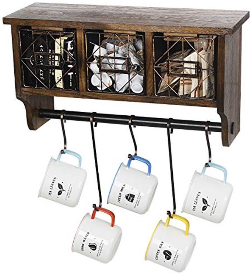 Rustieke wandmontage kapstok met haken en manden Houten koffiemok opslag en display organizer voor jassen hoeden handdoeken en sleutels Bruin