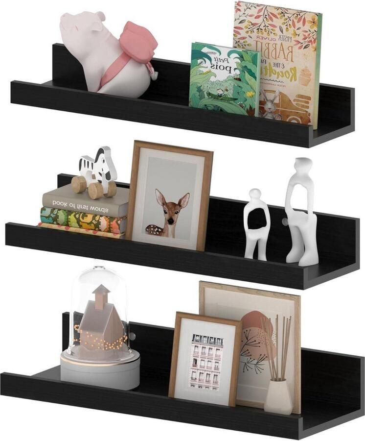 Rustieke Wandplank Set Zwevende Schilderijrail 3 Stuks Zwart 40cm