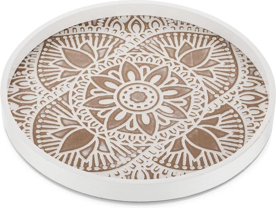 Rustieke witte boho salontafel lade Ronde houten decoratieve lade voor thuis Boerderij dienblad decor Middelpunt houten cirkel Ottomaanse dienbladen voor keukenaanrecht
