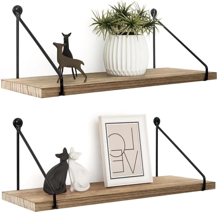 Senza Marchio Rustieke zwevende houten wandplanken met metalen beugels voor keuken en badkamer set van 2