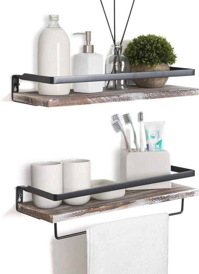 Rustieke zwevende houten wandplanken met handdoekenhouder set van 2 voor woonkamer slaapkamer hal badkamer whitewash