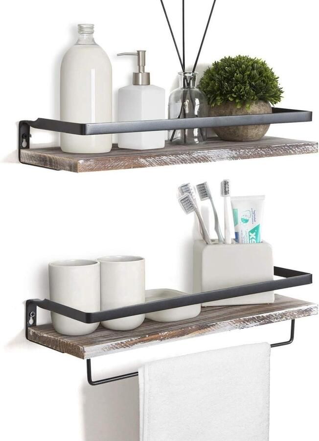 Rustieke zwevende houten wandplank met handdoekenhouder set van 2 whitewash